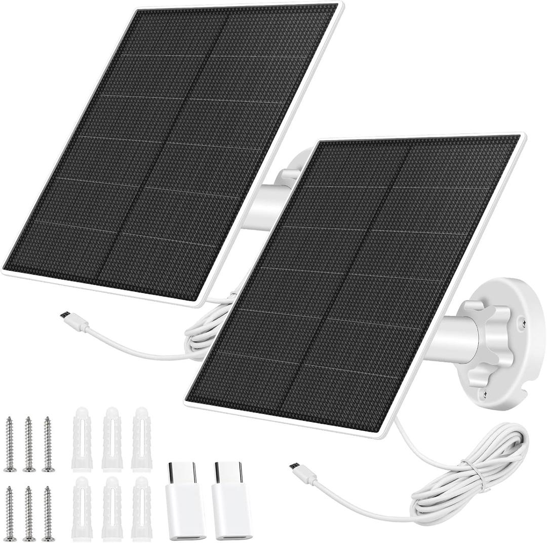 Solar Panel Charger for Security Camera Outdoor, 5W Solar Panels with Micro USB & USB C Adapter for DC 5V Rechargeable Battery Camera, IP65 Waterproof, 360°Adjustable Mounting, 9.8 Ft Cable (2 Pack)