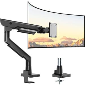 monTEK Sleek Aluminum Monitor Arm for 17–57” Ultrawide Screens up to 59.4 lbs, Heavy Duty Single Monitor Arm Desk Mount, Pneumatic Lift, Quick-Release Plate, Clamp/Grommet, Max VESA 100x100