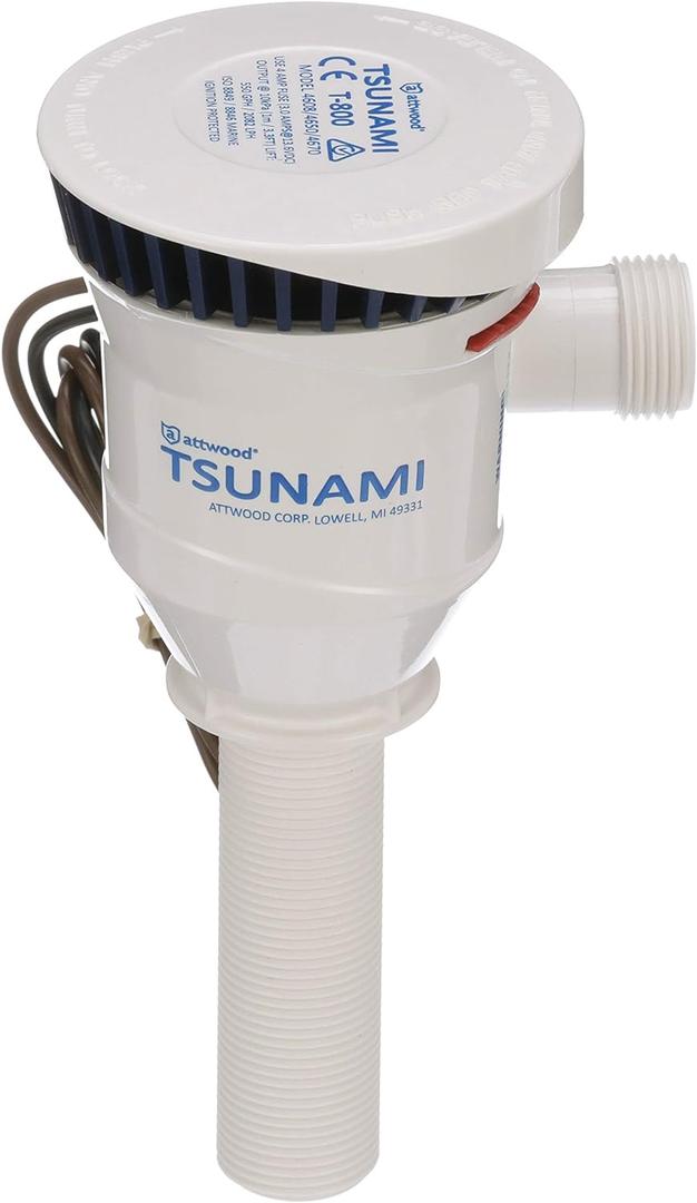 Attwood 4650-7 Tsunami T800 Aerator Pump, 800 GPH, 12-Volt, 3 ½-Inch Long Inlet, Threaded ¾-Inch Diameter Outlet, 29-Inch Wire