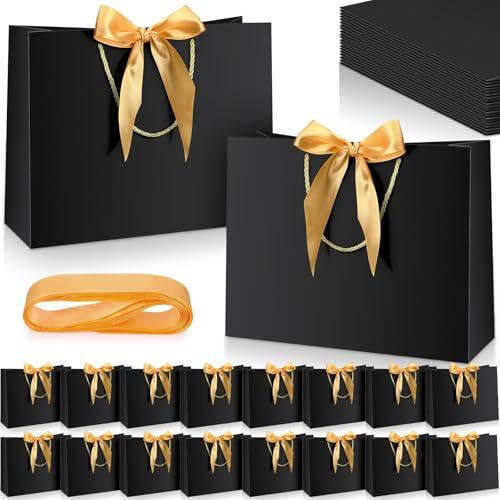 Kolldenn 50 Pcs Gift Bags with Handle 12.6 x 10 x 4.3 Inch Black Gold Thank You Bag with Bow Ribbon for Christmas Wedding Birthday Bridal Shower Bridesmaid Graduation Party Favor