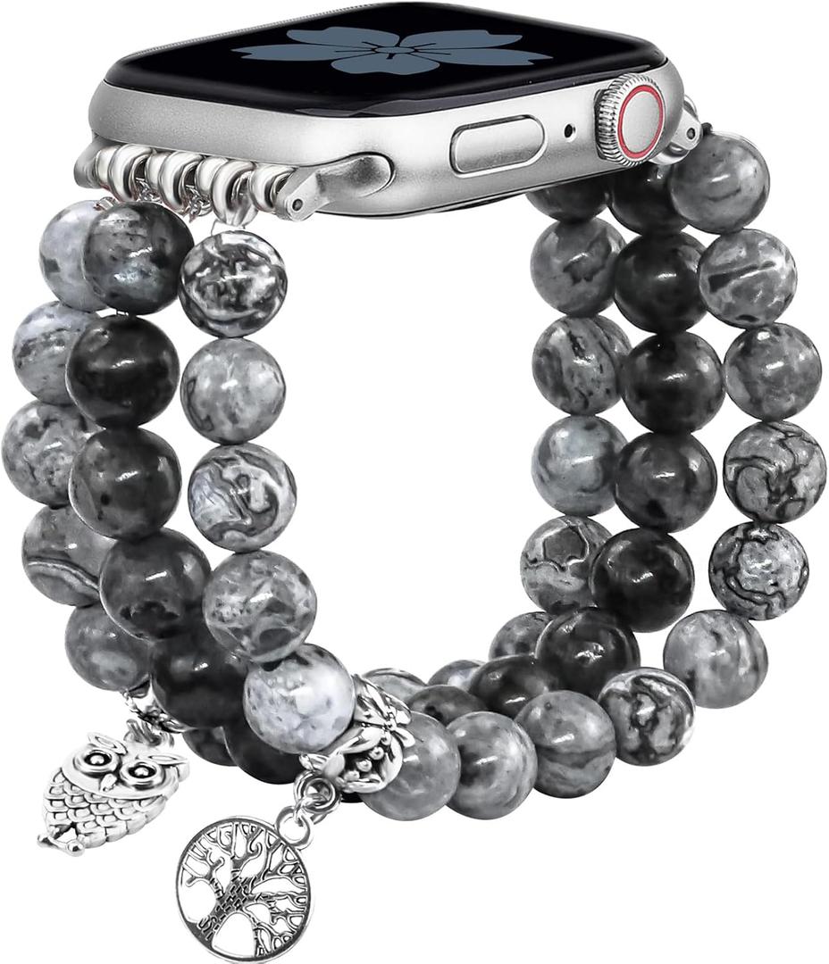 Newlibery Natural Stone Bracelet Beaded-Bands Women Compatible with Apple Watch 38mm 40mm 41mm 42mm (S10/11) Feminine Cute Handmade Stretch Strap for iWatch Series 11/10/9/8/7/6/5/4/3/2/1 SE 3/2/1 (A8 Grey Map)