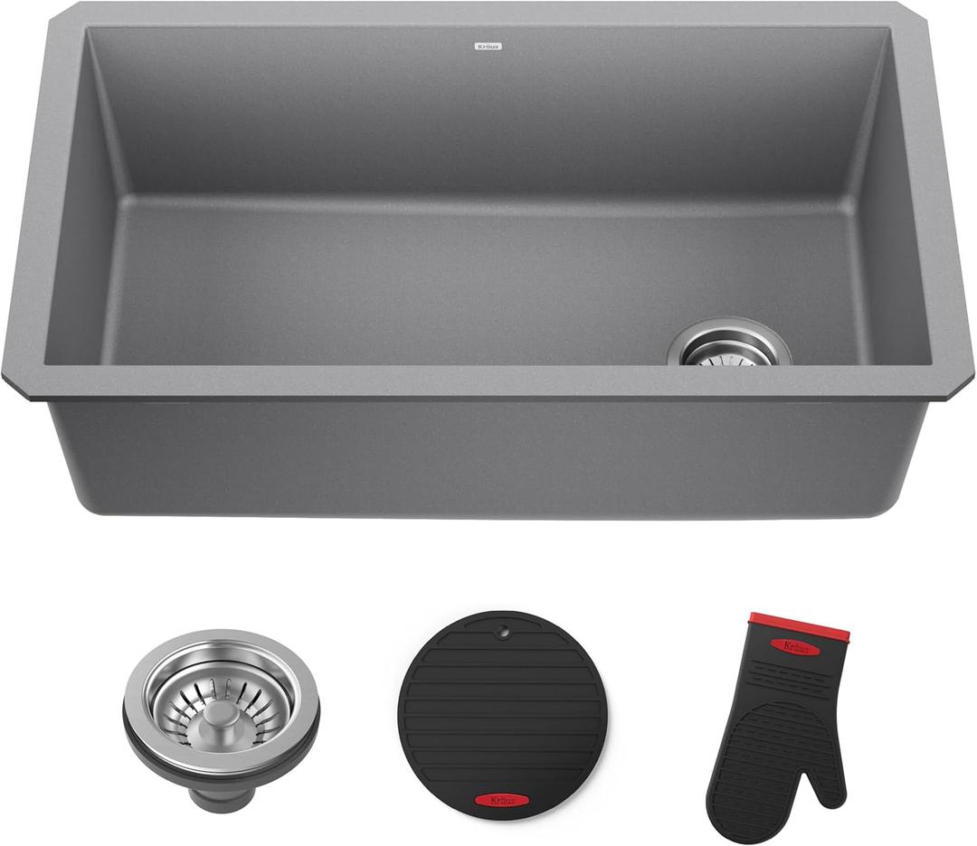 KRAUS Forteza 32-inch Undermount Single Bowl Granite Kitchen Sink in Grey, KGU-55GREY (Gray)