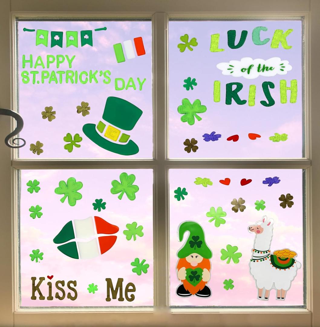 Iconikal 91-Piece Gel Window Clings St. Patrick's Day - Reusable Shamrock Leprechaun Four Leaf Clover Irish Decorations