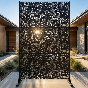 Metal Privacy Screen Outdoor 6FT Freestanding Laser Cut Steel Garden Divider Panel with Stand, Decorative Modern Privacy Screen for Patio, Deck, Backyard & Balcony, Rustproof & Weather-Resistant
