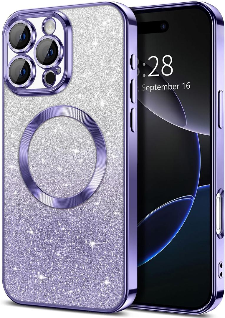 Hython for iPhone 16 Pro Case Clear Magnetic Glitter Phone Cases [Compatible with MagSafe] Full Camera Lens Protector Slim Gradient Sparkle Luxury Plating Shockproof Protective Cover, Light Purple
