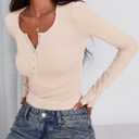PRETTYGARDEN Women's 2025 Summer Long Sleeve Henley T Shirts Ribbed Knit Button Slim Fitted Basic Casual Going Out Fall Tops (Beige, L)