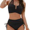BMJL Womens High Waisted Bikini Sets Slimming Tummy Control Swimsuits Mesh Halter Bathing Suit (Large, Black)