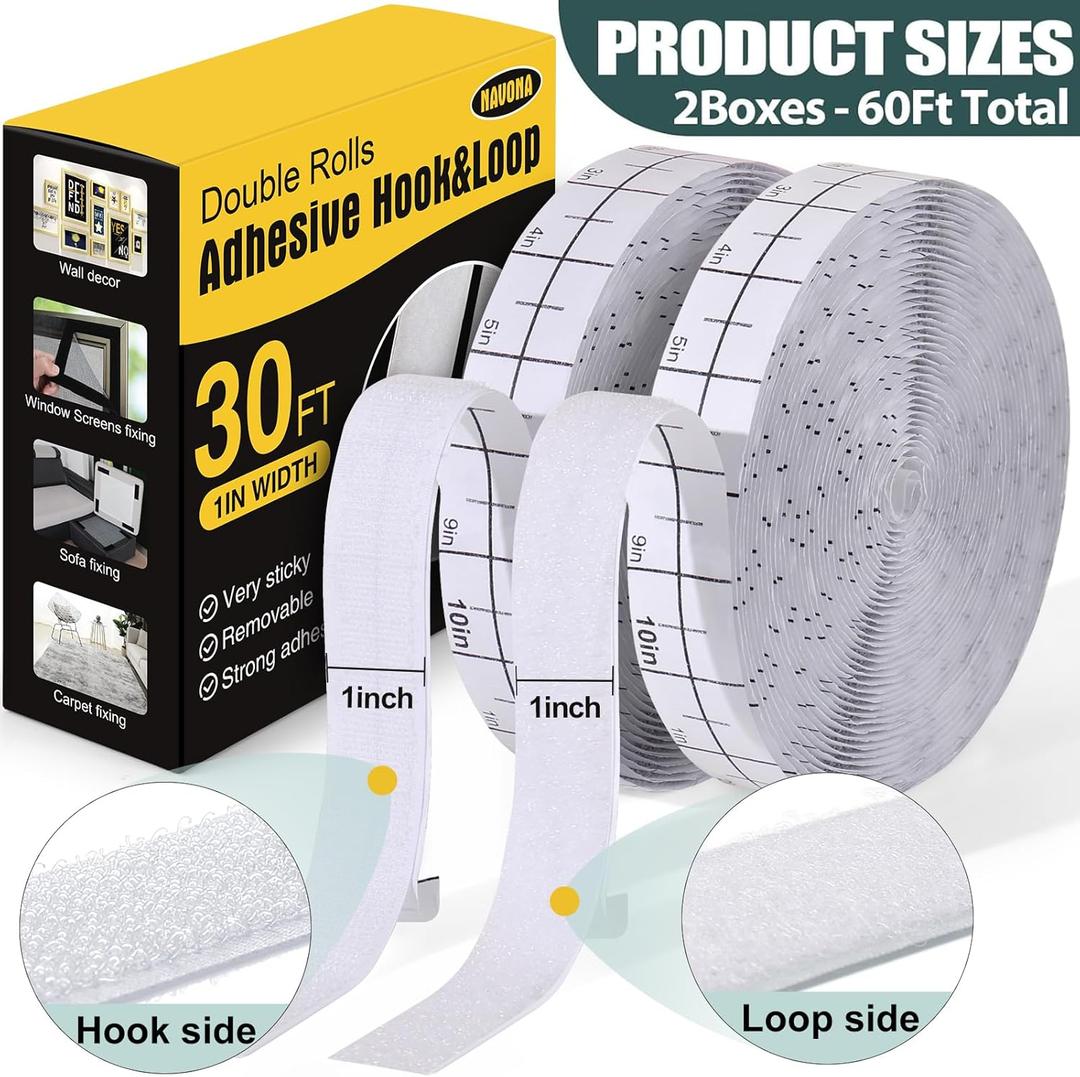 Navona 30Ft x 1 Inch Hook and Loop Strips with Adhesive, Double Rolls of Heavy Duty Self Adhesive Tape with Backing, Nylon Self Adhesive Tape for Home Office School and Crafting,Black
