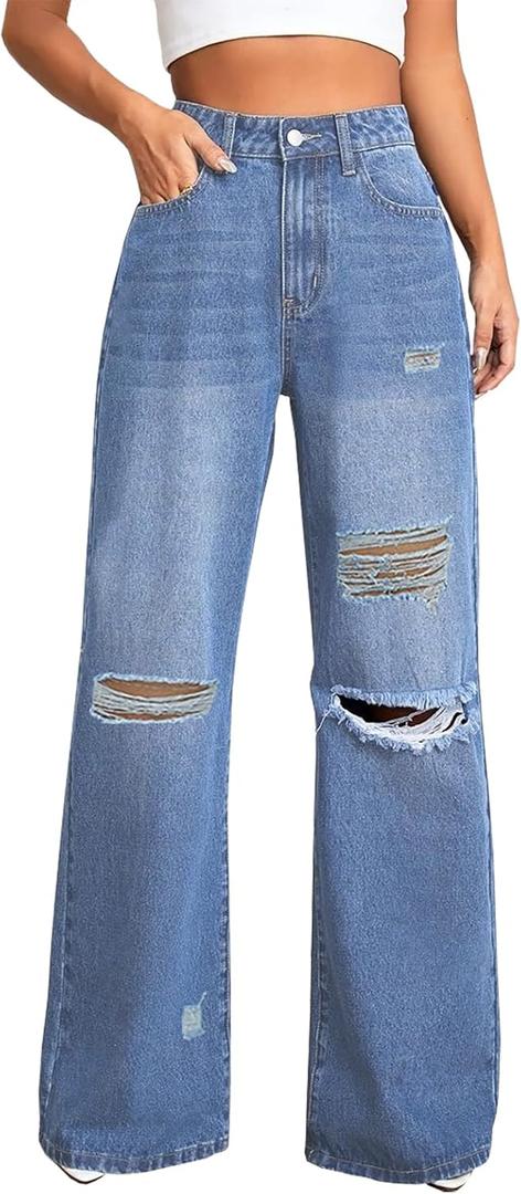 Distressed Wide Leg Jeans for Women High Waisted Loose Ripped Boyfriend Jeans Y2K Stretch Denim Pants XL 