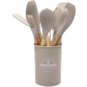 Multi Functional Nonstick Silicone Cookware For Kitchen AntiSlip Rust Proof Heat Resistant 12* Silicone Kitchen Utensil Set Spatula Turner Tongs Spoon Brush Whisk(Khaki)