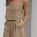 YMING Womens 2 Piece Outfits Summer Sleeveless Solid Color Blouse and Shorts Two Piece Cotton Linen Sets Dark Khaki L (L)