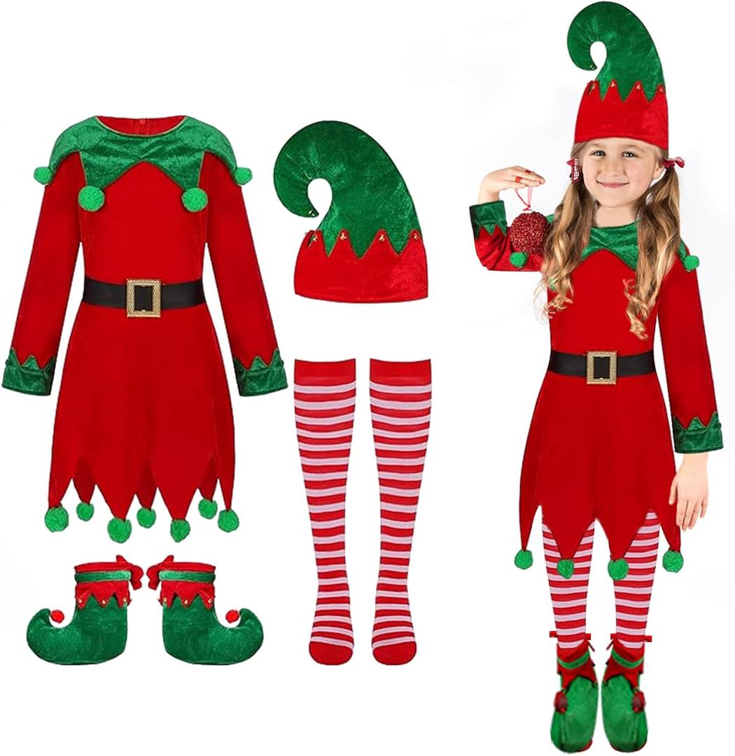 Kids Girls Christmas Elf Costume - Santa Helper Costume Xmas Holiday Elf Dress Outfit (6-7)