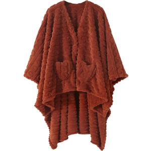 Wearable Blanket Sherpa Fleece Shawl Blanket with Pockets Blanket Poncho Cape for Adults, Cozy Shawl TV Throw Blankets (Rust)