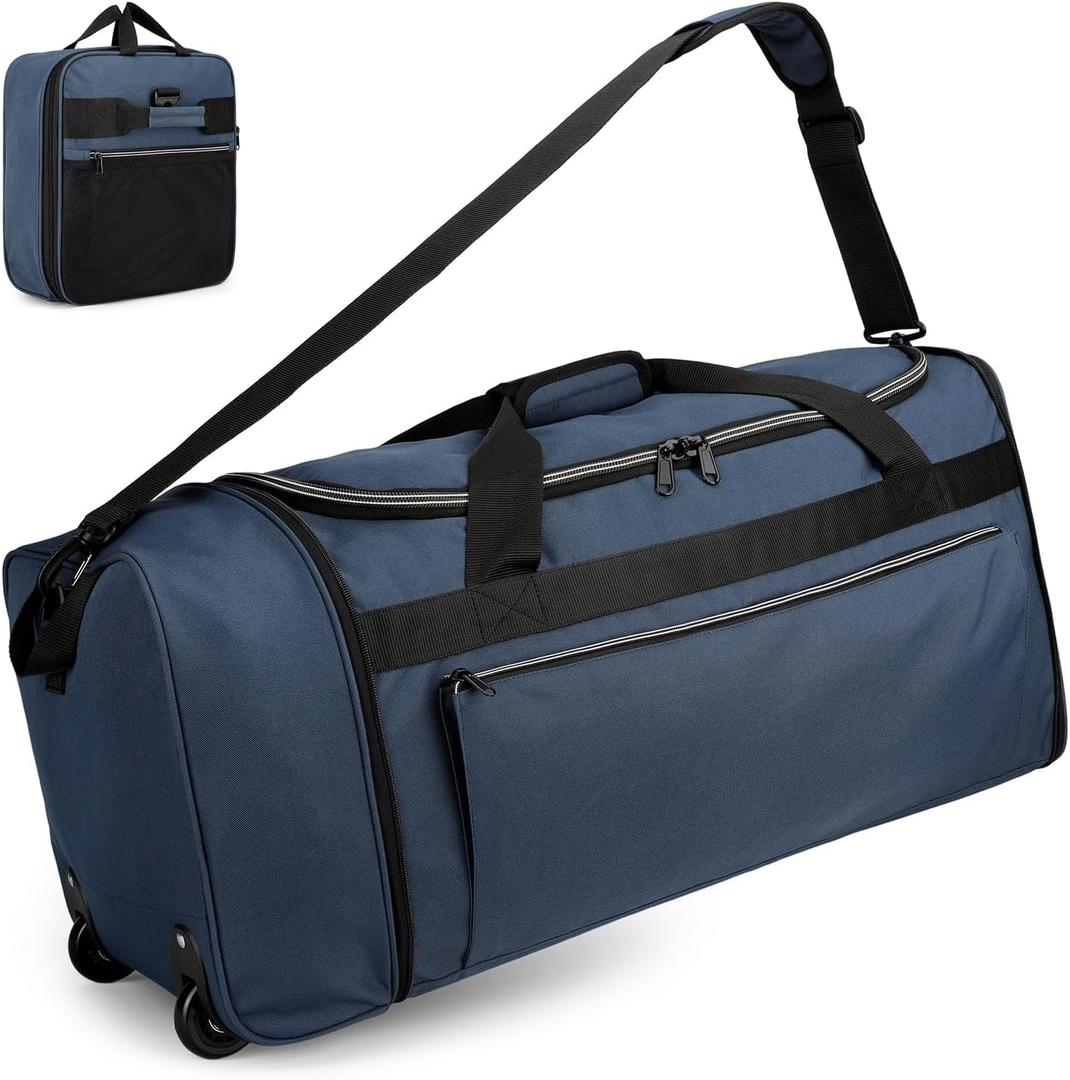 80L Foldable Rolling Duffle Bag with Wheels, 28" Large Duffle Bag for Travel, Carry On Luggage Duffel Bag for Traveling/Camping/Moving, Water Resistant, Blue