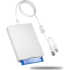 USB Floppy Drive, 3.5" External USB & Type-C Floppy Disc Reader, External Floppy Disk Drive Portable 1.44 MB Plug and Play FDD for PC Windows XP 7 8 10 11(White)