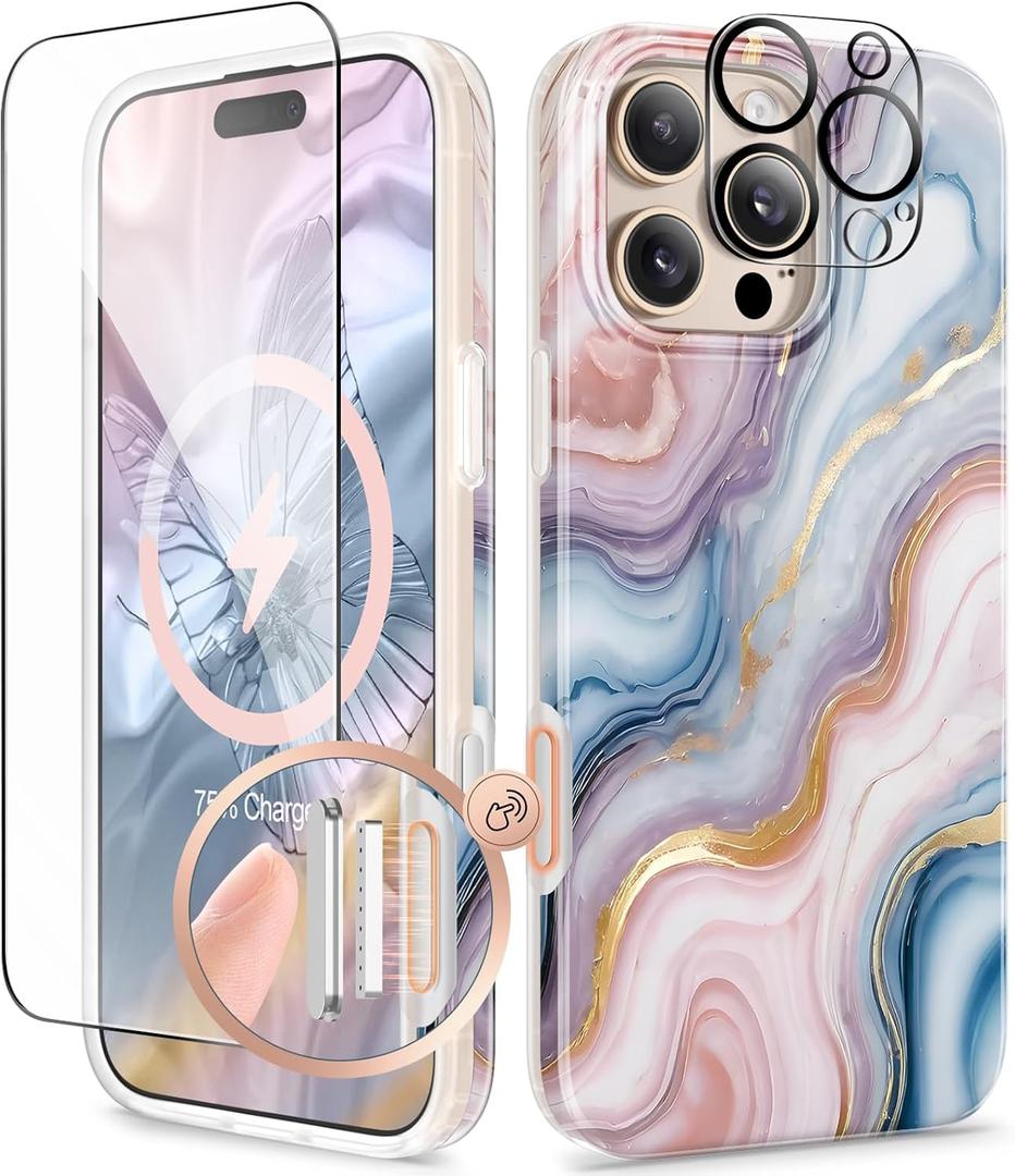 GVIEWIN for iPhone 16 Pro Case Compatible with MagSafe, with Screen & Lens Protectors, Military-Grade Protection Slim Marble Shockproof Magnetic Phone Case for 16 Pro 6.3", Swirls/Colorful