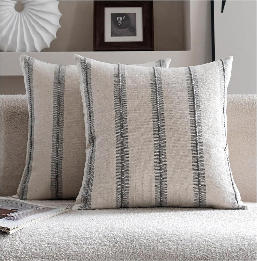 Cethom Boho Throw Pillow Covers 18x18 Set of 2, Grey Striped Decorative Pillow Cases for Couch Chair Bed, Textured Farmhouse Modern Accent Cushion Covers for Living Room Bedroom Sofa Home Decor