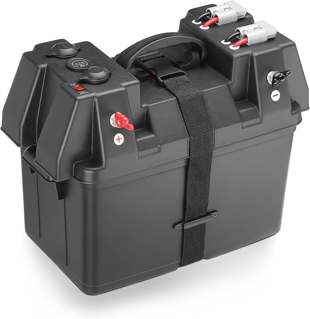 Smart Battery Box 12V Marine Case w/ 50AMP Connectors Power Center Station Fits 24/27/31 Size Batteries Multi Ports & Circuit Breaker for Trolling Motor, RV(Battery Not Included)