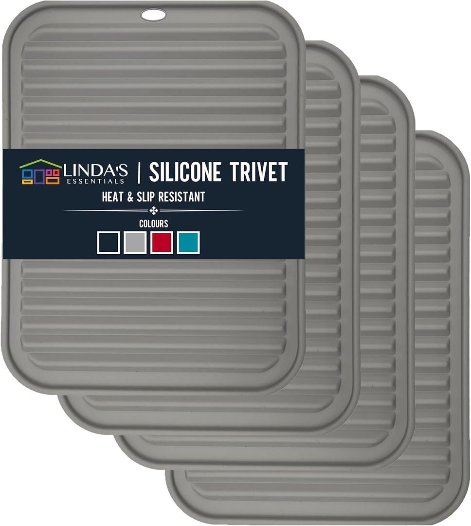 Silicone Trivets for Hot Dishes, Pots, Pans (4 Pack) - Heat-Resistant Pot Holders for Kitchen Countertop Mats - Silicone Trivet Mat (9 x 12 Inch) - Multipurpose Counter Pads (Grey)