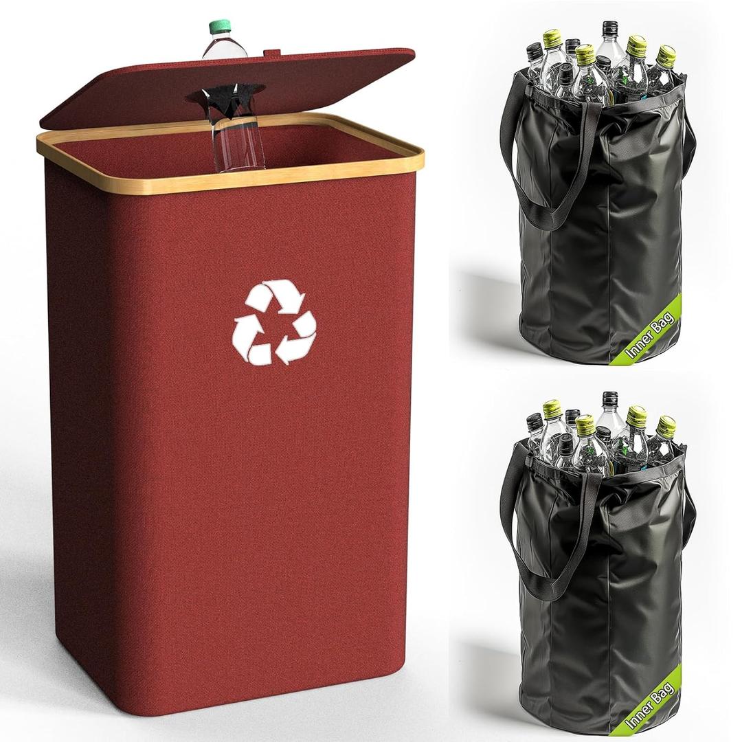 Recycling Bin for Kitchen Indoor Home, Large 100L/ 26 Gallon Recycle Bin with Lid Removeable Reusable Inner Bag Bottle Can Glass Waste Plastice Stickers (Red, 26 Gallon)