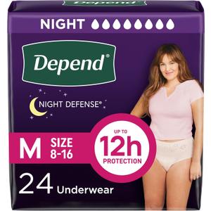 Depend Night Defense Adult Diapers, Incontinence & Postpartum Bladder Leak Underwear for Women, Disposable, Overnight, Medium, Blush, 24 Count