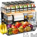 3-Tier Magnetic Shelf for Fridge with Divider & Bamboo Top, Fruit Basket Potato and Onion Storage Bins, Kitchen Large Container Magnetic Spice Rack for Refrigerator, Kitchen Counter, Fridge Organizer (1 Pack, BLACK)