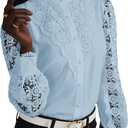 Rooscier Women's Lace Elegant Dressy Blouse Mock Neck Long Sleeve Button Down Work Business Crochet Shirt Top (Brown)
