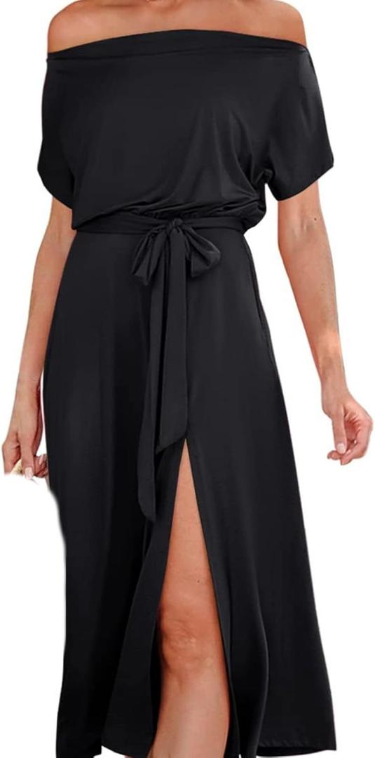 Women's Summer Dress - Spring Women Casual Dress Elegant Office Clothes Shoulder Short Sleeve Lace Split Sexy Bodycon Slim Long Fashion Party Dresses, Black, Large