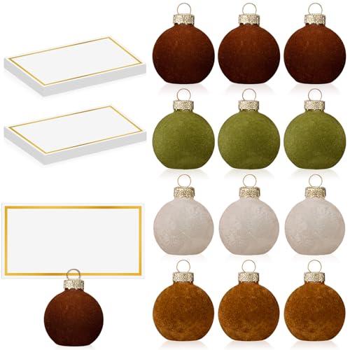 Nitial 12 Pcs Velvet Christmas Ornament Place Card Holders and Name Cards Set for Table Setting 1.57'' Glass Green Cream Tan Brown Table Number Sign Photo Picture Holder for Xmas Holiday Party Decor