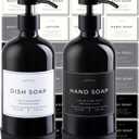 Hand and Dish Soap Dispenser for Kitchen and Bathroom, Set of 2 16 Oz Glass Bottles, Stainless Steel Pumps, Non-Slip Silicone Base, 27 Waterproof Labels (Gloss Black Bottle/Black Pump)