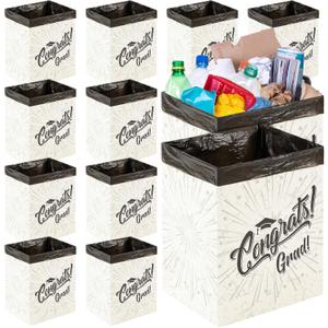 12 Pcs Graduation 13 Gallon Disposable Trash Cans Graduation Trash Bins with 15 Pcs Garbage Bag 1 Roll Double Sided Tape Graduation Disposable Garbage Can for Graduation Party