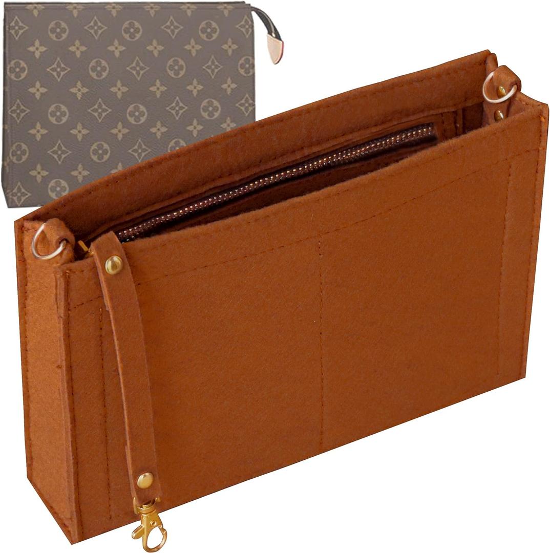 Soyizom Felt Purse Organizer Insert Fits Toiletry Pouch 26x19 Messenger Bag Liner with Gold Buckle & Keychain (Large, Brown)
