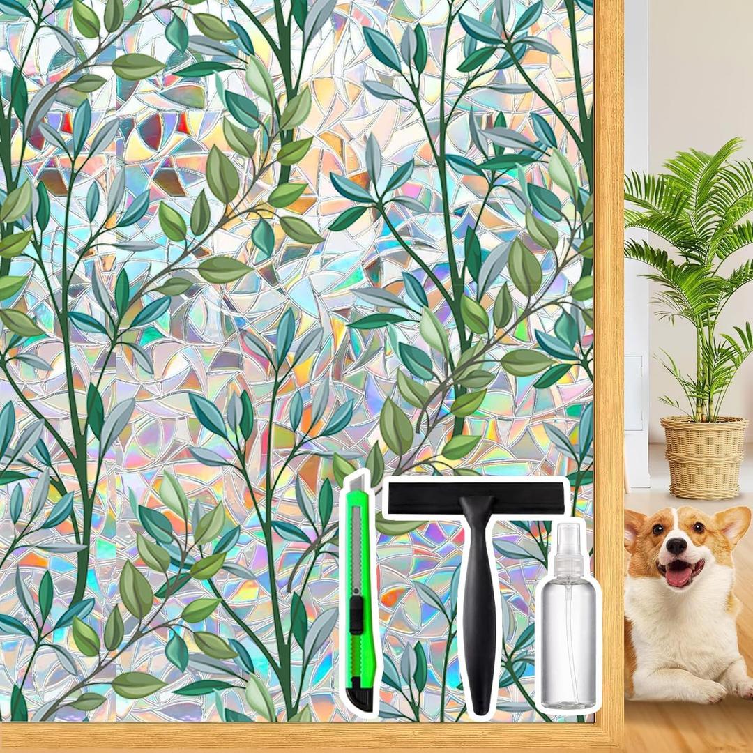 Rainbow Privacy Film with Cutting Line, 3D Decals Stained Glass Window Clings, Static Cling Window Sticker, Suncatcher - 29.5" x 157.4"