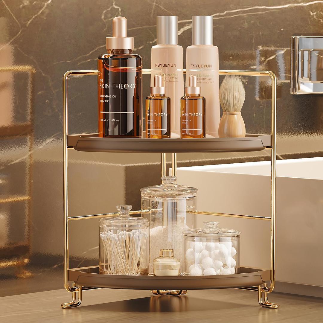FSyueyun 2-Tier Corner Bathroom Counter Organizer, Tool-Less Installation Corner Vanity Organizer Small Plastics Countertop Makeup Tray Skincare Perfume Organizers (Gold & Brown)