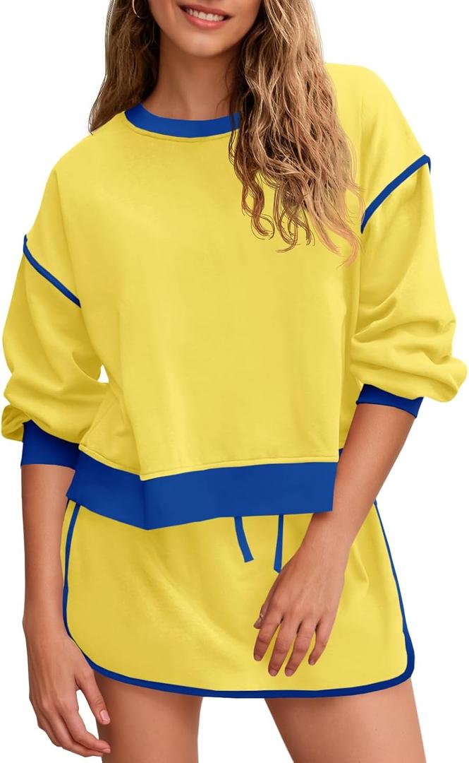 Fisoew Womens Sweatsuits 2 Piece Set Crewneck Sweatshirts High Waisted Skort Skirts Tennis Running Tracksuits Shorts Sets