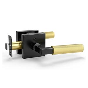 KNOBWELL 1 Pack Gold and Black Door Handle Square Doorknob with Lever Interior Door Lever for Bed and Bath (Push Button)