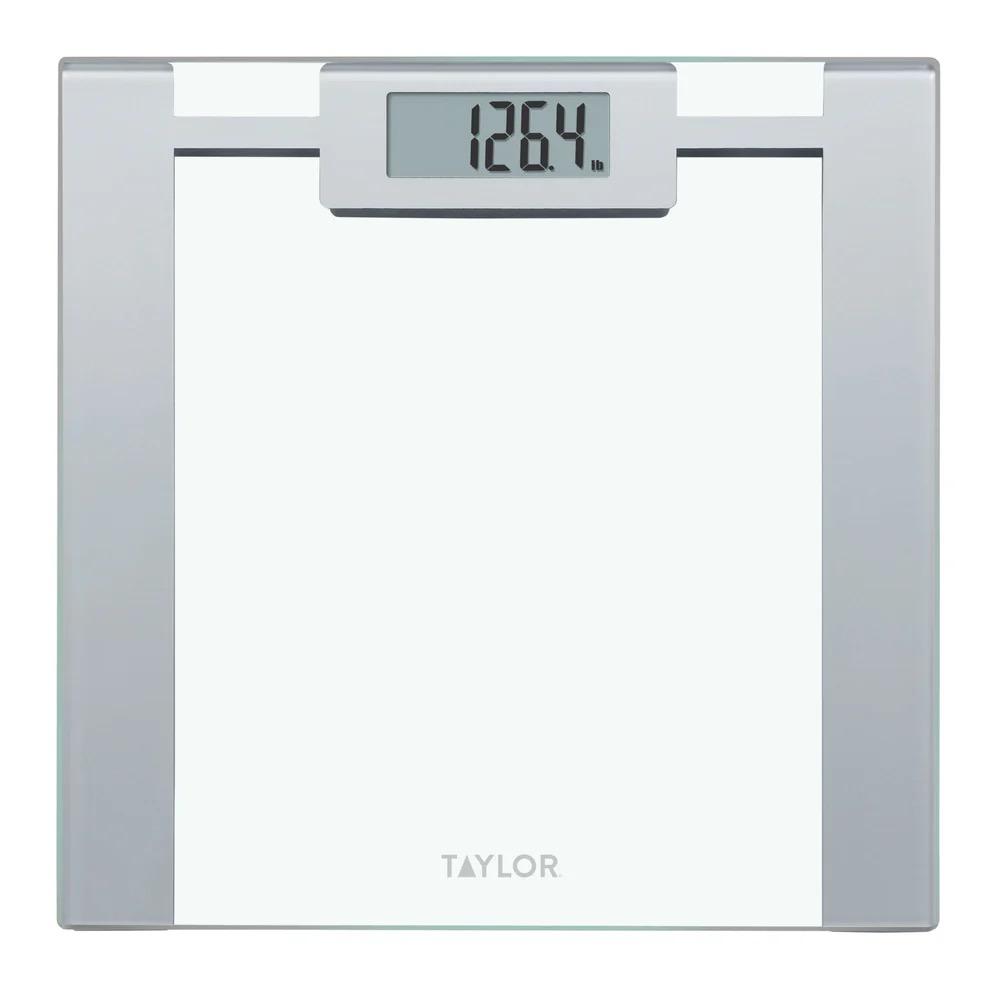 Taylor Weight Tracking Smart Scale for Body Weight with Bluetooth Sync, 330 lb Capacity, HSA/FSA Eligible, Glass & Metallic Silver Platform, Blue App, Clear