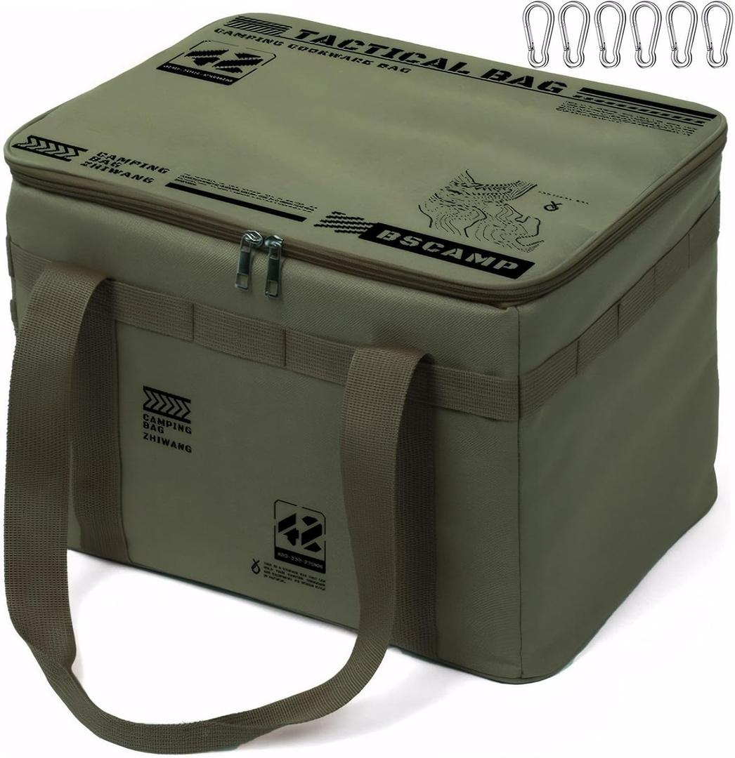 ASIEIT Tactical Camping Storage Bag 42L, Utility Tote Bag, with Dividers and Hook, 600D Oxford Fabric, Collapsible Camping Cookware Organizer, Trunk Organizer (Green)