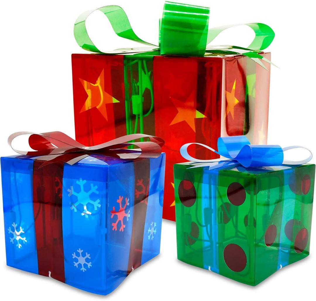JOIEDOMI Set of 3 Christmas Lighted Gift Boxes Valentine's Day Decorations, Star Pre-lit Present Boxes for Christams Tree, Yard, Home,Gift Box Decorations