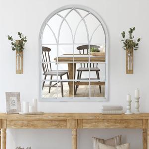 Arched Window Wall Mirror, Cathedral Style, Distressed White, 35 Inch Farmhouse Grid Windowpane Mirror for Living Room Fireplace Entryway Bedroom Bathroom (35.4"L x 25.6"W)