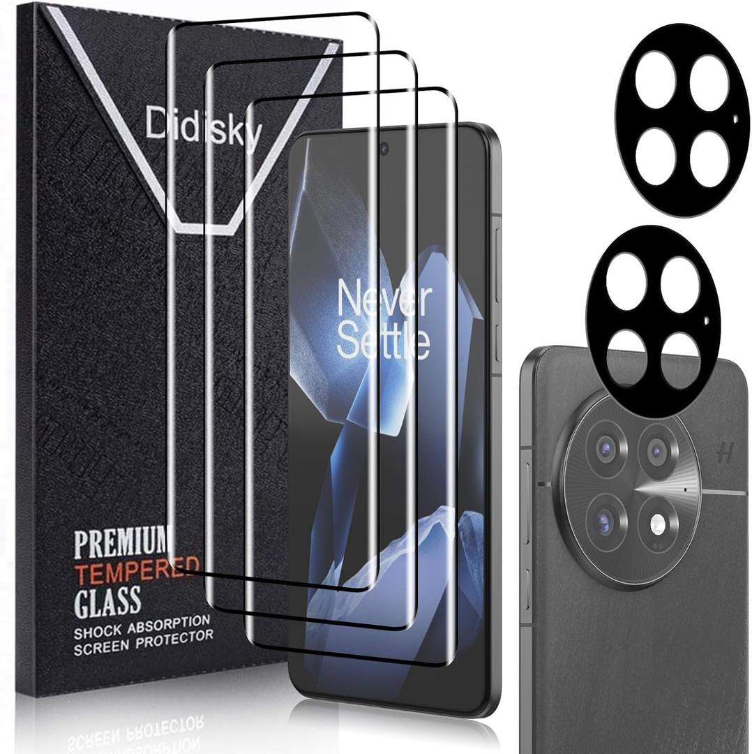 Didisky Screen Protector for Oneplus 13(Not for 13r,13t,13 Pro), 3 Pack Tempered Glass Film with 2 Pak Lens Protector, 3D Curved Full Coverage,Scratch-Resistant,9H Hardness,Bubble Free,Easy to Install