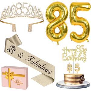 85th Birthday Decorations for Women Gold with 85th Birthday Sash and Tiara, Cake Topper and Candles, Number Balloons, 85 Year Old Gifts for Women