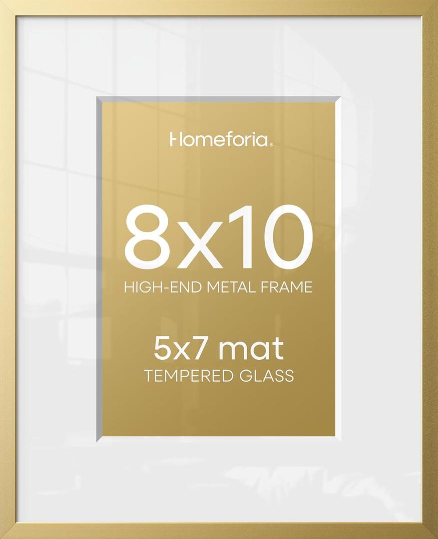 Homeforia 8x10 Picture Frame Gold, High End Metal 8 x 10 Photo Frames with Mat 5 by 7 Art, 10x8 Poster Frame Matted to 5x7 inch Print, 8by10 Wall or Tabletop Frames, Tempered Glass, Wall Kit, Set of 1
