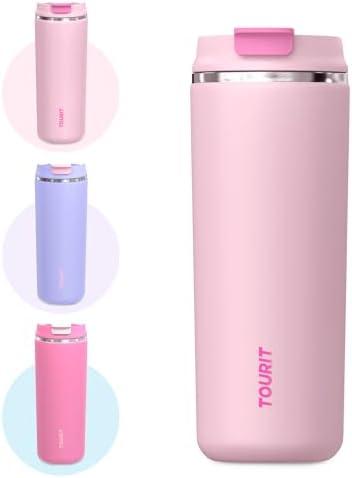 TOURIT 16 oz Insulated Stainless Steel Travel Mug with Lid, Leak-Proof Double-Wall Vacuum Tumbler, Reusable Coffee Cup - Pink