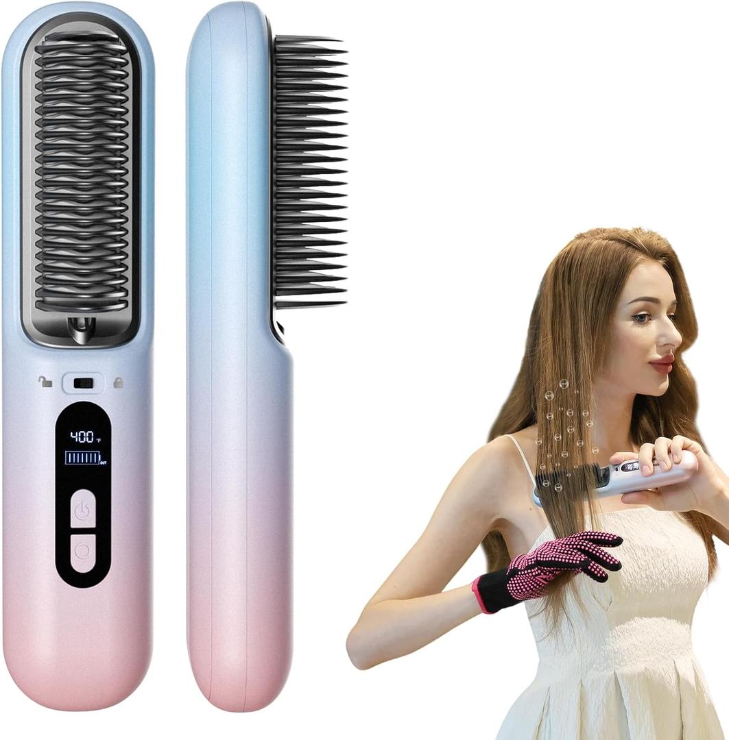 BEAUTYOVO Travel & TSA-Friendly Cordless Hair Straightener Brush - Professional Straightening Brush for On-The-Go | 65W Fast Charge in 30 Min | 6 Heat Settings & 300M Ions for Frizz-Free Salon Finish