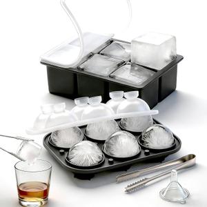 Large Square Ice Molds with Sealed Lid & Clamp, Silicone Ice Cube Trays (Set of 2) - 6pcs Big Square & 6 pcs Ball Ice Maker for Whiskey, Cocktails and Coffee, Keep Drinks Chilled, BPA-Free (Black)