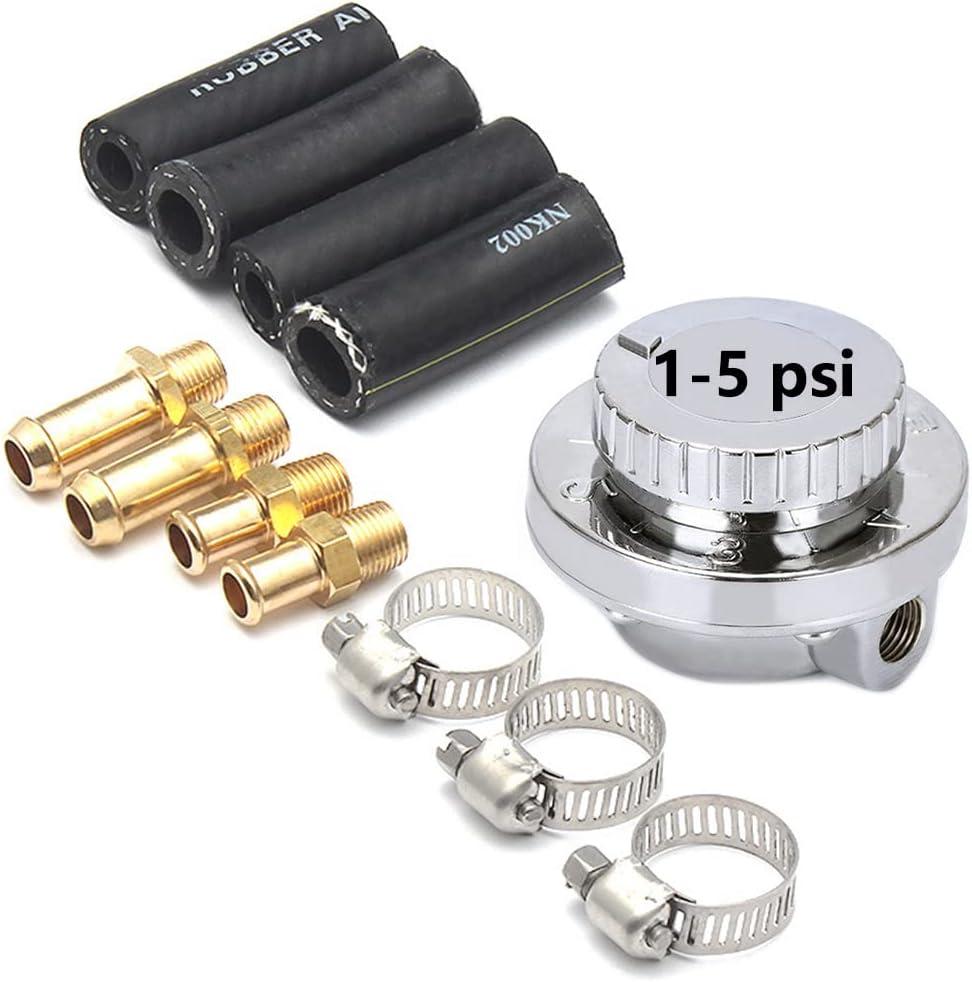 1-5 PSI Fuel Pressure Regulator Adjustable Manual Universal for Carburetor Carb Zinc Alloy FPR with 8MM 10MM (5/16" 3/8") Hose Fittings