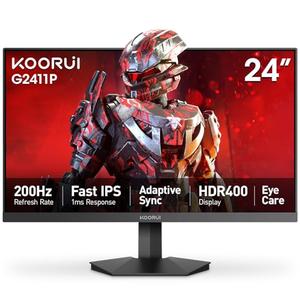 KOORUI 24" Gaming Monitor, 200Hz 1ms Fast IPS, FHD HDR400 Display, 90% DCI-P3 Color Gamut, Adaptive Sync, Ultra Slim Frame, VESA Mountable, HDMI 2.0, DP 1.4, G2411P