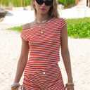 EXLURA Women 2 Piece Summer Outfits Casual Striped Lounge Set Ribbed Knit Off Shoulder Short Sleeve Top and Drawstring Shorts (Red, S)