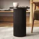 Small Round Fluted Accent Side Table - Black Wooden End Table for Modern Bedroom and Living Room - Solid Oak Base (Blackened Oak Finish)